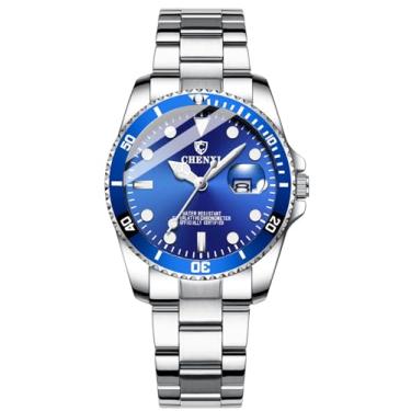 Imagem de Relógio de pulso feminino clássico, moderno, prateado, aço inoxidável, à prova d'água, data, luminoso, feminino, Azul