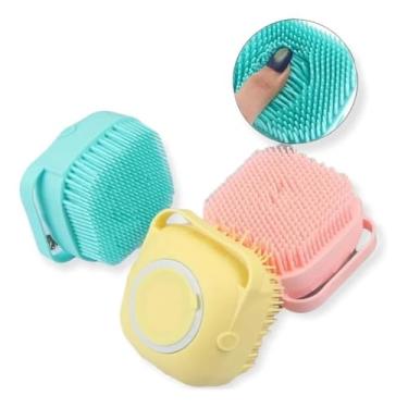Imagem de Escova de silicone para banho pet com dispenser de shampoo e massagem relaxante