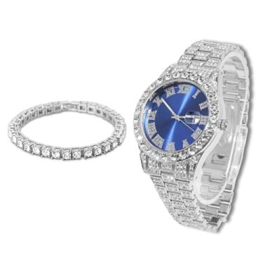 Imagem de richhut Relógio de diamante masculino masculino - mostrador azul - pulseira de 18 mm de largura banhado a ouro real 18 k ouro branco banhado a platina, com conjunto de corrente de tênis opcional
