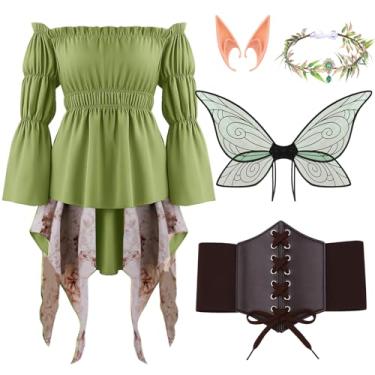 Imagem de ZhouBoat Vestidos curtos renascentistas, fantasia de fada para mulheres com coroa de folha, asas de orelha de elfo e espartilho cosplay de Halloween, M
