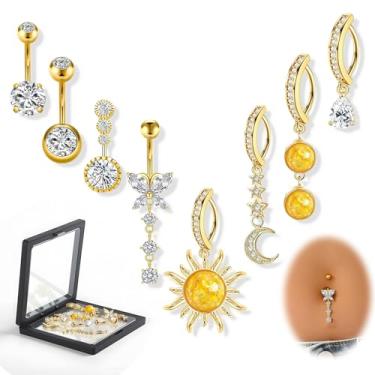 Imagem de AKODENORA Anel de umbigo de ouro 316L cirúrgico Stee Piercing de barriga para mulheres 14G Anéis de umbigo Pingente Joia, Design 3D Sol Lua Borboleta Clicker Piercing de umbigo com CZ