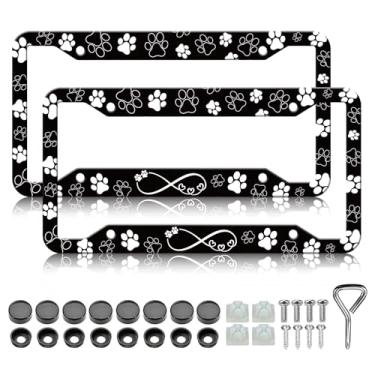 Imagem de Molduras de placa de licença com estampa de pata de cachorro - pacote com 2 capas de suporte de placas de carro fofas pretas e brancas, moldura de etiqueta de carro à prova d'água de metal de alumínio