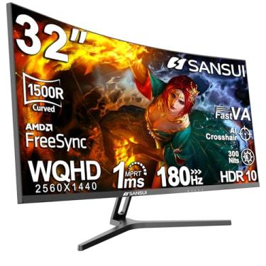 Imagem de SANSUI 32-Inch Curved Gaming Monitor WQHD 2560 x 1440 180Hz Curved 1500R -Fast VA,1ms(OD), HDR, 300nits, sRGB 125%, DCI-P3 95%, FreeSync, HDMI x2, DP1.4x2(DP Cable Included)
