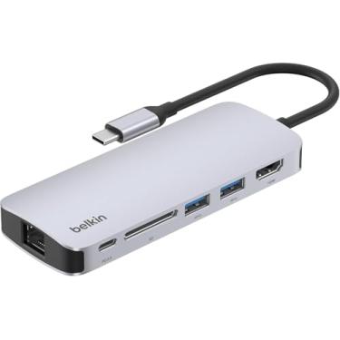 Imagem de Belkin Hub USB-C – Dock adaptador multiportas 6 em 1 com HDMI 4K, carregamento de passagem USB-C 100W PD, 2 portas USB-A, portas Gigabit Ethernet e slot SD para MacBook Pro, Air, iPad, Pro, XPS e mais