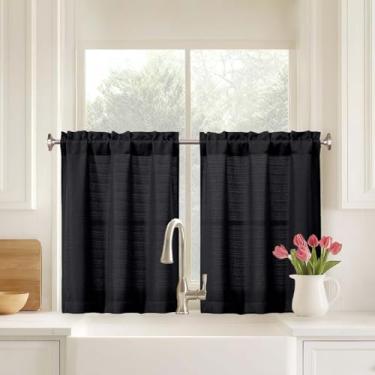 Imagem de Ebesto Conjunto de 2 painéis de cortinas de cozinha Black Farmhouse, 76 cm de comprimento, cortinas de linho sintético de tecido macio para acampamento de porão de banheiro de meia janela pequena