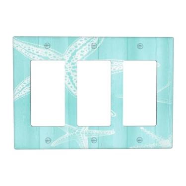Imagem de BHGAHD Capas decorativas vintage azul de madeira estrela-do-mar náutica 3 gangues placa de parede placa de interruptor de luz triplo para decoração de quarto e casa