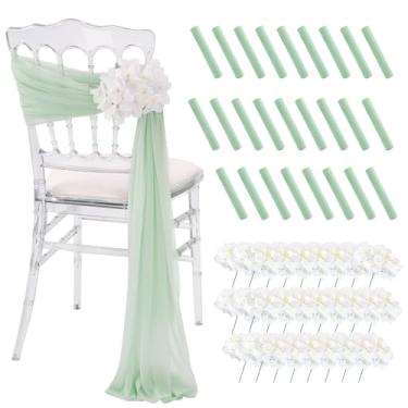 Imagem de SoarDream Faixas de cadeira de casamento verde sálvia com hortênsia artificial, 26 pacotes com 26 cadeiras de casamento para corredor, decoração lateral traseira, tecido transparente, cadeiras de tule