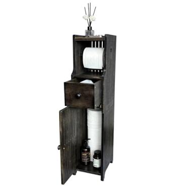 Imagem de Suporte de papel higiênico de bambu com gaveta de armazenamento e prateleira, armário fino para pequenos espaços/banheiro, armazenamento de lenços (preto vintage)