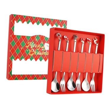Imagem de IEUDNS Garfos e colheres para o Natal com caixa de presente Conjuntos de talheres Elegantes e criativos Talheres Colher de chá para cozinha Buffets de, Prata 6 Peças