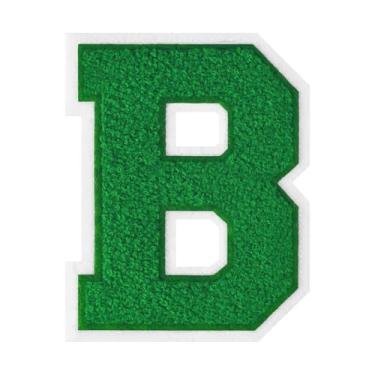 Imagem de 1 peça de patch de letra de chenille verde de 11,4 cm com borda branca – adesivos do alfabeto para roupas, jaquetas, mochilas, chapéus para decoração personalizada, nome personalizado e artesanato. (B