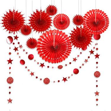 Imagem de Decor365 Decorações de festa vermelha Ano Novo Chinês Papel Pompom Fã Pendurado Decoração de Festa de Aniversário Glitter Círculo Bolinhas Guirlanda Steamer Banner Pano de Fundo para Meninas Casamento