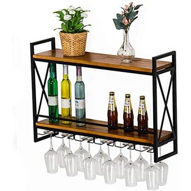 Imagem de Prateleira de parede vintage para bar cozinha montada na parede de 2 camadas rack de garrafa de vinho e prateleiras flutuantes rústicas de metal e madeira (tamanho: 80 × 20 × 55 cm)