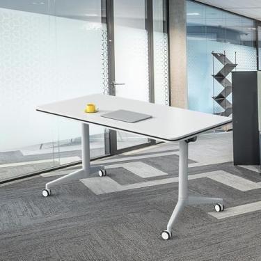 Imagem de Mesa de sala de conferências, 2 mesas de conferência dobráveis de 10 pessoas com rodas, mesa de seminário retangular grande com tampa flip branca (1,55 cm C C x 21,6 cm L x 75 A)