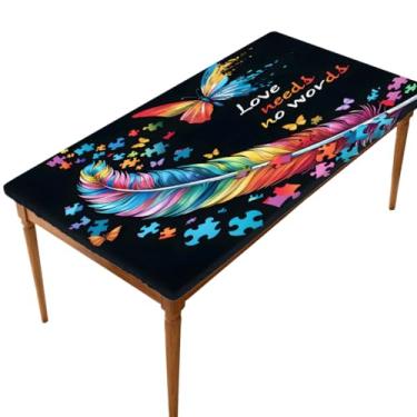 Imagem de Toalha de mesa retangular de 1,8 m elástica ajustada penas coloridas para autismo, capa de mesa retangular, impermeável, lavável, protetor de mesa para piquenique, jantar, cozinha, decoração ao ar