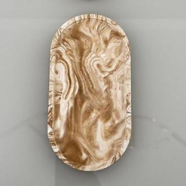 Imagem de Bandeja Decorativa Artesanal em Concreto Celular - Formato Oval, Multiuso para Mesa/Banheiro/Cozinha (Antimanchas e Resistente à Umidade)(Band. Mármore Caramelo - 18 CM)