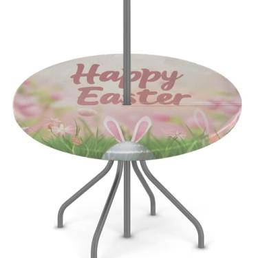 Imagem de hongjinglin Toalha de mesa de Páscoa para uso ao ar livre com orifício para guarda-chuva, toalha de mesa redonda elástica com zíper, impermeável, limpável, para piquenique, festa, pátio, serve para