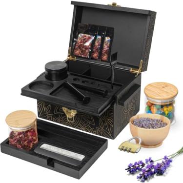 Imagem de Three Way Cut Grande caixa de armazenamento de bambu com trava de combinação – caixa organizadora de madeira com bandeja removível, frascos de vidro e acessórios – caixa decorativa de bambu bloqueável