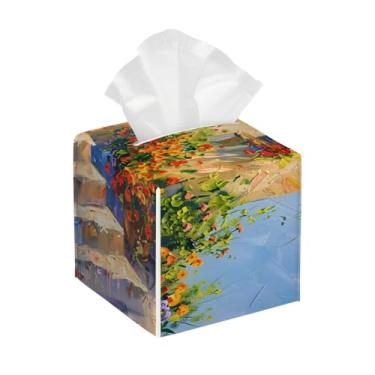 Imagem de Capa quadrada de couro para caixa de lenços à prova d'água, pintura de flores, organizador de papel facial com cinto inferior, estojo de lenços para mesa, banheiro, escritório, mesa, carro, decorativo