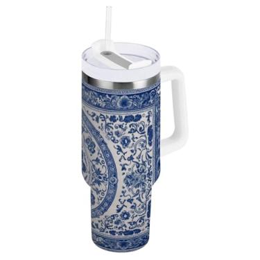 Imagem de Blueangle Copo isolado de 1,134 g com alça e tampa de canudo - Caneca de viagem de aço inoxidável à prova de vazamento, garrafa de água estilo porcelana azul e branca a vácuo de parede dupla (779)