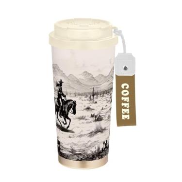 Imagem de SEHANY Caneca de viagem vintage caubói ocidental 482 g xícaras de café reutilizáveis revestidas de cerâmica com tampa à prova de vazamento, parede dupla, isolamento a vácuo, copo de café de aço
