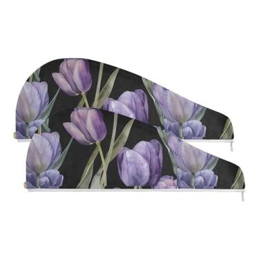 Imagem de SEHANY Toalha de cabelo de microfibra de flores coloridas elegantes para mulheres, 2 peças, turbantes de cabelo de secagem rápida com botão, touca de cabelo seco absorvente toalha de secagem de cabelo