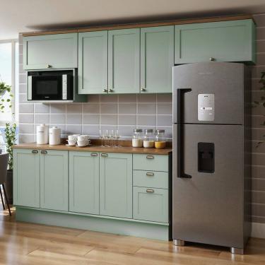 Imagem de Cozinha Modulada Completa 6 Peças 100% Mdf Internacional Provençal com Tampo e Rodapé Iluminata Verde Mint/Ébano Fosco