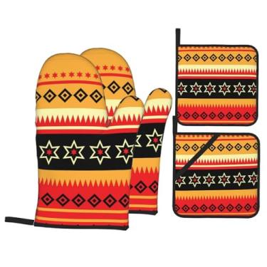 Imagem de Conjunto de luvas de cozinha indianas, africanas, listradas, com suportes de tampa, luvas de forno resistentes ao calor para manusear panelas quentes, grelhar, churrascos, kit de 4 peças.