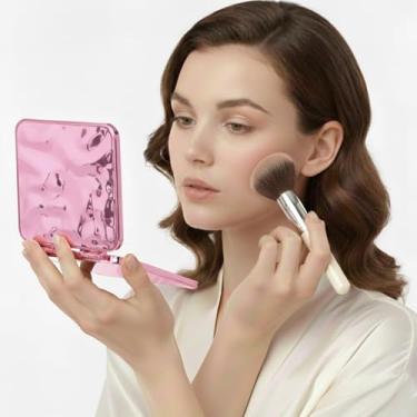 Imagem de Espelho compacto de forma irregular, espelho de maquiagem dobrável portátil de dupla face com acabamento galvanizado, espelho portátil de bolso para viagens e retoques rápidos, rosa
