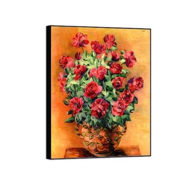 Imagem de BMZFYBS Pintura de arte de parede de flores - imagem de decoração vintage - rosas em vaso - impressões em tela moldura preta para sala de estar 50 x 65 cm 20 x 26 pol