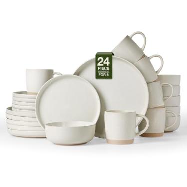 Imagem de Famiware Conjuntos de louça de grés Milkyway com canecas, serviço para 6 (24 peças), conjuntos de pratos e tigelas de esmalte reativo, conjunto de pratos para micro-ondas e lava-louças, bege fosco
