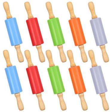 Imagem de 10 rolos pequenos para crianças, 23 cm, mini rolo de massa de madeira de silicone, 5 cores, antiaderente, com cabo de madeira, para Natal, cozinha, massa, bolo, fondant, presentes de Natal