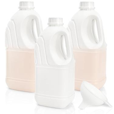 Imagem de Tebery Pacote com 3 frascos de leite de plástico de 1,927 g com tampas invioláveis, garrafa de água grande à prova de vazamento com funil, recipientes vazios de armazenamento de suco com alça para