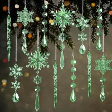 Imagem de 9 peças de enfeites verdes de Natal para pendurar em floco de neve - enfeites de gelo de floco de neve de cristal acrílico com pingentes de gota para decoração de lustre do país das maravilhas de