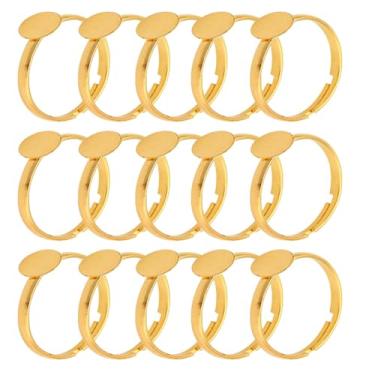 Imagem de 20 peças de anéis em branco ajustáveis de metal dourado com base plana redonda de 10 mm, bandejas, componentes, kits de fabricação de joias faça você mesmo, acessórios