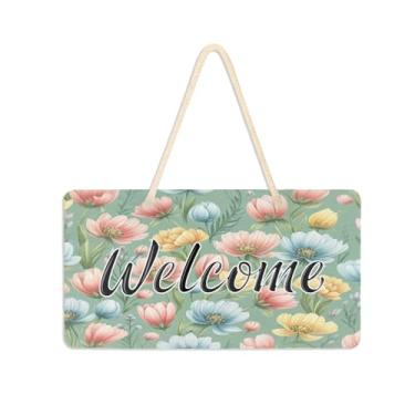 Imagem de Burbuja Placa de boas-vindas de flores azuis rosa para porta da frente, placa de boas-vindas de PVC para decoração de férias de casa de fazenda, 15 x 28 cm