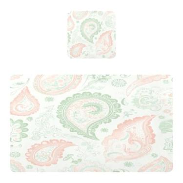 Imagem de Burbuja Jogo americano conjunto de 2, tapetes de mesa de cozinha rosa verde paisley, antiderrapante, resistente ao calor, à prova d'água, para mesa de jantar, lavável, 30,5 x 45,7 cm