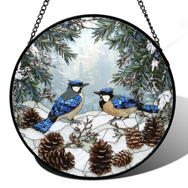 Imagem de HWRHTR Captador de sol para janela de vitral - Pássaro azul, paisagem de floresta de inverno, apanhador de sol, decoração de Natal, Dia das Mães, presentes de aniversário para mulheres, mãe, avó