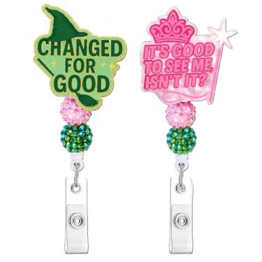 Imagem de Carretel de crachá de bruxa e princesa – Coroa rosa ou chapéu de bruxa verde retrátil porta-crachá de identificação com citações, lindo clipe de crachá de enfermeira com contas (embalagem individual