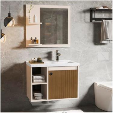 Imagem de Conjunto Kit Gabinete com Cuba Armário Balcão Aéreo Suspenso Lavabo Pia Banheiro Compacto 1 Porta Espelheira Suspensa Parede Bancada Prateleira Espelho 1 Porta Adonis (Pérola/Ripado)