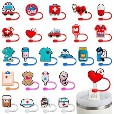 Imagem de 48 peças de cobertura de canudo de enfermeira, capas de canudo de silicone de 10 mm para copos, fofas reutilizáveis à prova de derramamento à prova de poeira, tema médico, canudos, tampas de ponta