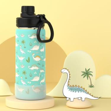 Imagem de Garrafa de água esportiva de boca larga de aço inoxidável 3D sem desbotamento de 473 ml para volta às aulas - garrafa de água de metal reutilizável - dinossauro verde