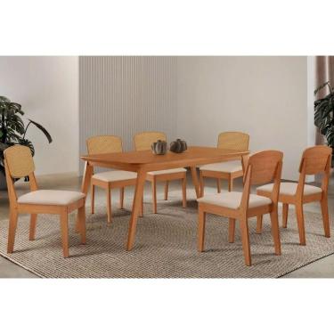 Imagem de Sala Jantar Mesa Havana Tampo Curvo 180cm+6 Cadeiras Havana Naturale - Suede Creme - Rufato