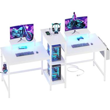 Imagem de Furologee Mesa de jogos para 2 pessoas com luzes LED, mesa de computador de 188 cm com tomadas elétricas e suporte para monitor, mesa dupla com bolsa de armazenamento e ganchos de fone de ouvido, mesa