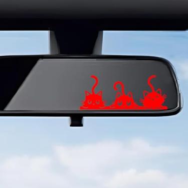 Imagem de 4 peças decalque de vinil espelho retrovisor de três gatos fofos, adesivo de acessórios de carro de gato fofo, decoração multiuso para banheiros e computadores (vermelho)