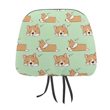 Imagem de Capas protetoras universais de encosto de cabeça para assento de carro sem costura, marrom dormindo Corgi em verde claro, 2 peças, capa macia para encosto de cabeça para carro, acessórios de decoração