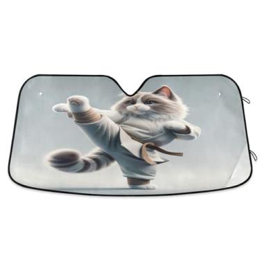 Imagem de Para-brisa de carro de gato karatê bloqueia raios UV persianas de janela dianteira de carro para a maioria dos sedãs SUV caminhão pequeno