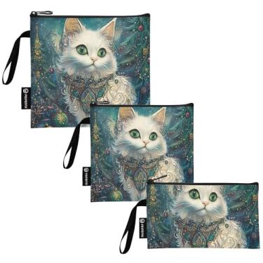 Imagem de TSENQUE Sacos de lanche reutilizáveis vintage para gatos de Natal e saco de sanduíche, sacos de comida laváveis com zíper para escola, piquenique, trabalho, viagem (pacote com 3: P/M/G)