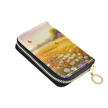 Imagem de Carteira feminina de borboleta floral colorida com flores silvestres pequenas carteiras de cartão de crédito com bloqueio de RFID minimalista com zíper e porta-cartões e dinheiro