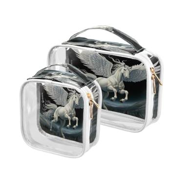 Imagem de GAIGEO Floresta de Natal com boneco de neve, bolsa de viagem transparente, bolsa de viagem de plástico transparente, bolsa de higiene de viagem para mulheres, pacote com 2, Cavalo branco com asas