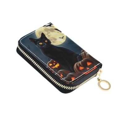 Imagem de Carteira feminina de Halloween preta com 9 compartimentos para cartões de crédito e 2 compartimentos para dinheiro, carteira de viagem minimalista com zíper